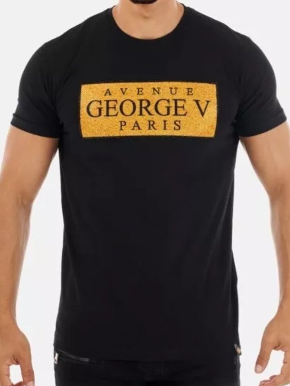 Avenue George V Paris T-Shirt rhinestone GV logo Men's Black Short Sleeve 3XL